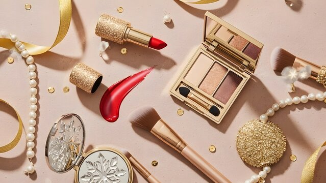 Cosmetics and accessories arranged on a surface, including lipstick and eyeshadow. - Powered by Adobe