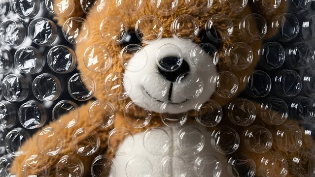 Teddy bear wrapped in bubble wrap, close-up shot, protection concept.