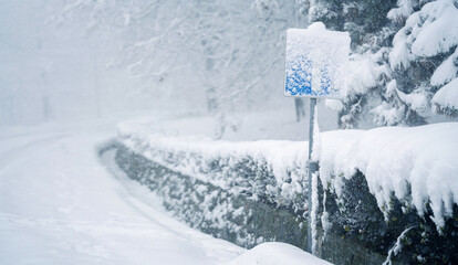 Snow covered road sign in winter forest