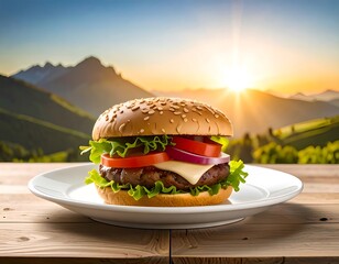 A close-up shot of a sesame seed bun burger on a white plate, set against a mountainous sunset backdrop