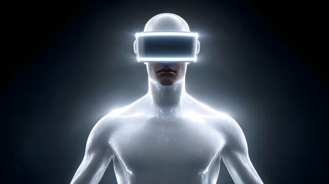 Stylized human wearing a luminous VR headset and sleek white suit symbolizing immersion in virtual reality and the future of technology