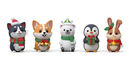 Festive cartoon animals wearing holiday accessories, perfect for Christmas celebrations and seasonal designs.