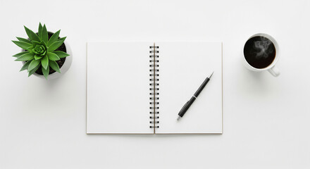 Blank notebook, pen, coffee, and plant on a white desk - workspace flat lay, top view, minimal