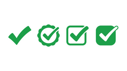 A set of four different green check mark icons isolated on a white background in a horizontal row