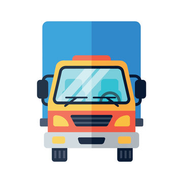 Front view of a delivery truck with a vibrant orange and yellow cab driving down the road