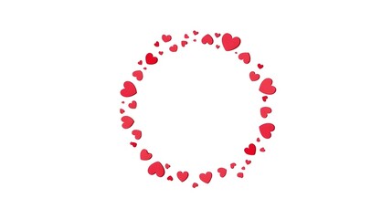 Decorative frame composed of numerous red heart shapes arranged in a circle set against a plain white background ideal for romantic themes