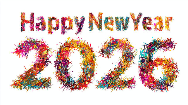 Happy New Year 2026 is made with a colorful splinter pattern isolated on a white background. - Powered by Adobe