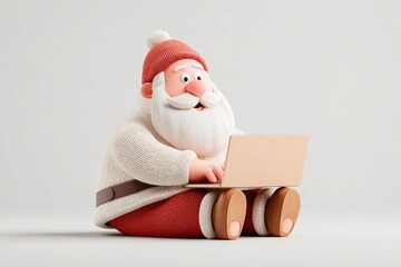 Cute 3d cartoon Santa Claus character sitting on floor with laptop computer checking online order list for digital Christmas commerce concept