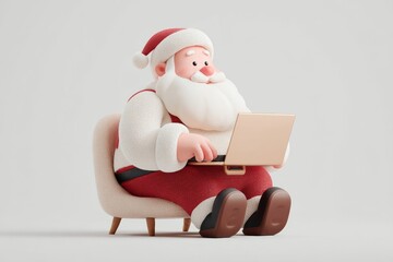 Funny 3d Santa Claus manager sitting in armchair working on modern laptop device for holiday logistics and business planning advertisement