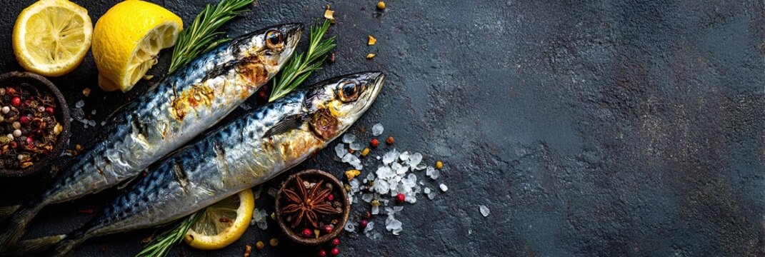 Fried mackerel with lemon herbs and spices, banner, space for text