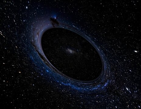 A simulated deep-space illustration of a black hole, surrounded by stars, in the cosmos