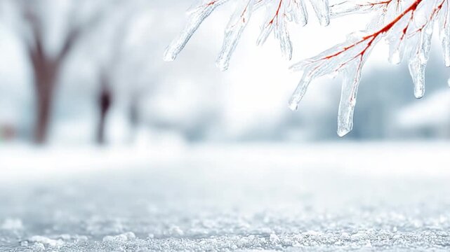 Winter's Icy Embrace: A winter wonderland is depicted with delicate ice formations clinging to a tree branch, creating a dreamy landscape and a serene atmosphere.