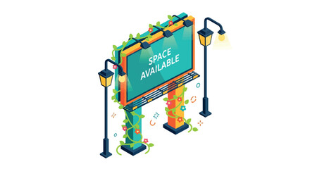 A vibrant illustration of a billboard with 'Space Available' sign surrounded by street lamps and lush greenery