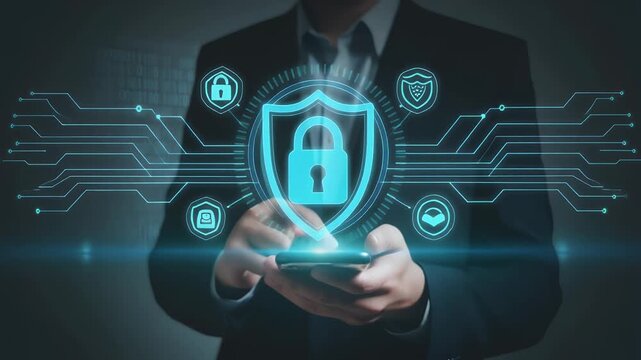 Dynamic cybersecurity video showing mobile data protection with digital lock interface for secure mobile access and privacy controls - Powered by Adobe