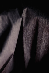 Abstract close-up of textured dark fabric with deep folds and dramatic shadows, creating a mysterious, atmospheric, and artistic visual effect.
