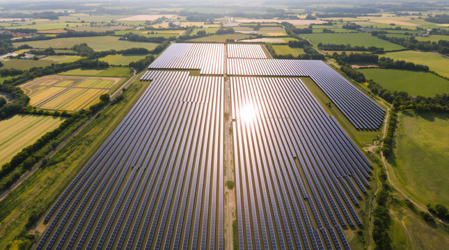 Aerial view of vibrant solar farm generating clean energy in countryside