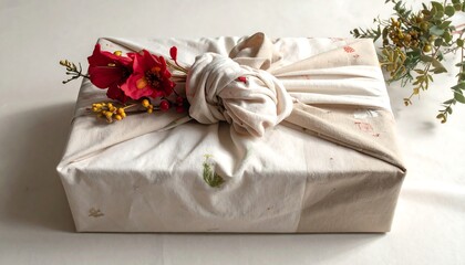 A square package, wrapped elegantly in patterned fabric, adorned with a floral accent for a thoughtful presentation