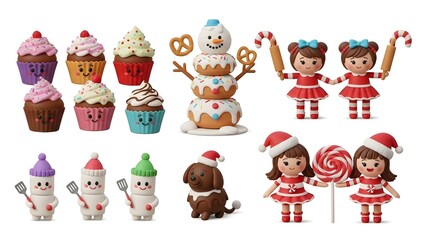 Fototapeta premium A delightful collection of festive holiday-themed erasers, including cupcakes, a snowman, gingerbread dolls, candy canes, and a puppy.