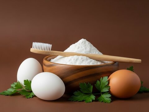 Natural ingredients for homemade toothpaste and skincare with eggs and herbs
