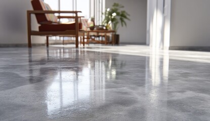 Fototapeta premium Polished concrete floor reflects sunlight; a blurred living room scene is in background