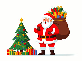 Santa Claus stands next to a Christmas tree, holding a sack full of colorful gifts, ready for delivery.