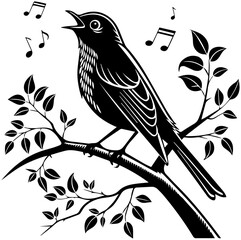 Bird Singing on Leafy Tree Branch – Vector Illustration