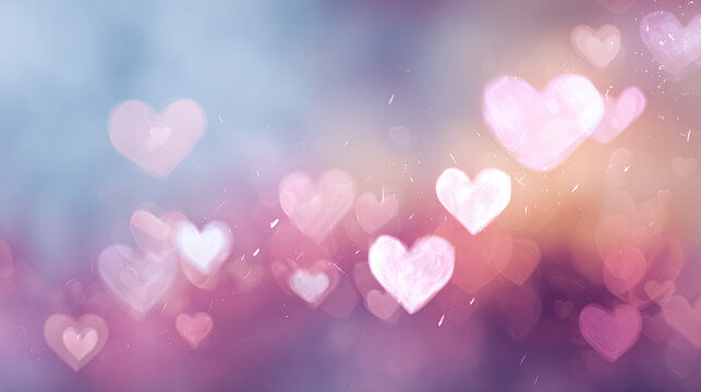 Soft pastel background with delicate hearts in pink, purple, and blue glowing like stars against a night sky, white hearts floating gently around edges for romantic Valentine&rsquo;s Day designs.