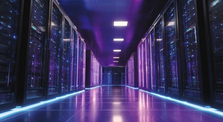 A perspective render of an IT data center corridor with servers and glowing lights