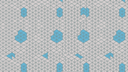 Isometric grid pattern with light blue geometric shapes scattered across the surface in a random arrangement