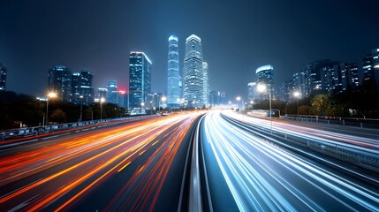 Illuminated modern skyscrapers forming a vibrant city skyline at night with flowing streaks of blue and orange light trails from vehicles on a busy highway