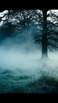 A mysterious and slow cinematic push-in shot towards the dense edge of a dark forest bordering a vast ethereal field submerged in heavy, cold ground fog nature scene, scenic, eerie