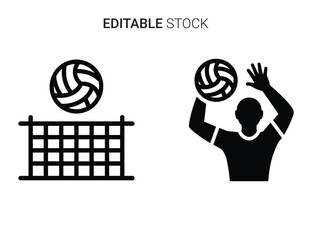 Beautiful silhouette vector of volleyball player serving and net icon set isolated on