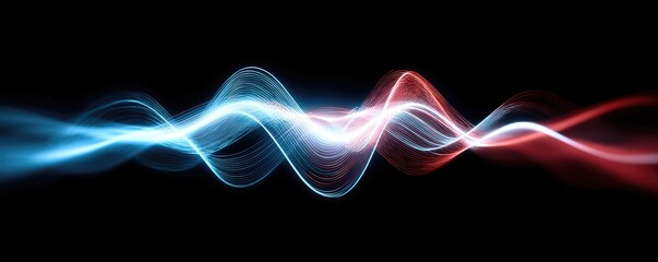 A vibrant abstract image featuring glowing blue and red wavy lines on a stark black backdrop