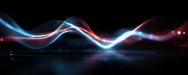 Digital abstraction Glowing, flowing light trails with a blend of red and blue hues on a black backdrop