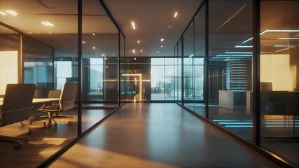 Experience a modern office hallway with sleek glass walls and vibrant lighting, perfect for corporate presentations and futuristic designs