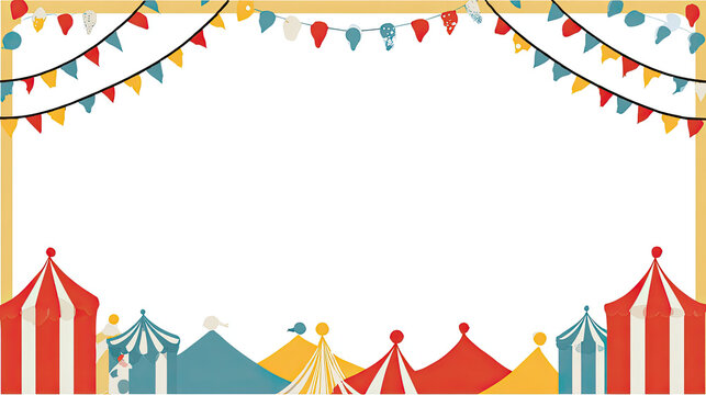 Carnival-themed colorful frame with circus tents and festive bunting on vibrant background, vector presentation template with white border and central copy space for school projects and events.