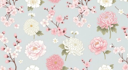 Delicate pastel floral pattern featuring peonies cherry blossoms and chrysanthemums for elegant
