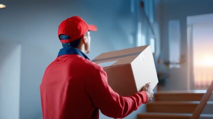 Delivery Person with Package: A delivery person strides confidently, carrying a cardboard package, symbolizing reliable service and timely fulfillment. The scene evokes anticipation and the swift.