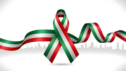 Italian flag ribbon forming a bow over city skyline