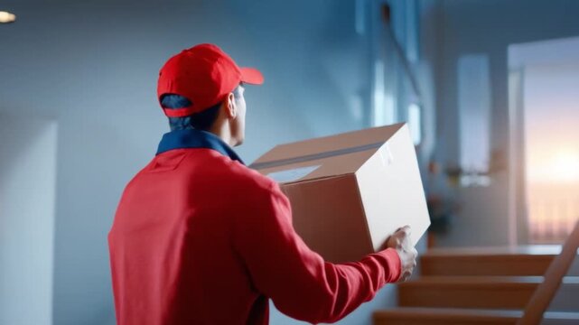 Delivery Person with Package: A delivery person strides confidently, carrying a cardboard package, symbolizing reliable service and timely fulfillment. The scene evokes anticipation and the swift.
