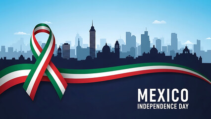 Mexican flag ribbon over cityscape for independence day