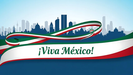 Mexican flag ribbon over city skyline &iexcl; Viva M&eacute;xico