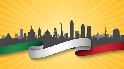 Mexican flag ribbon over cityscape silhouette yellow background