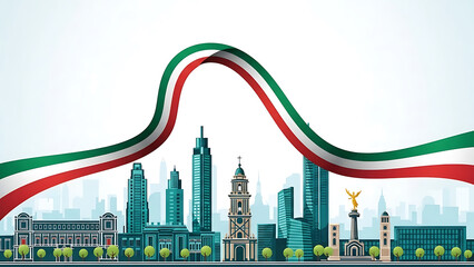 Mexican flag ribbon over cityscape with Angel of Independence 1