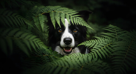 Cinematic portrait of a Border Collie dog peeking through lush green fern leaves