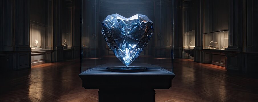 A heart-shaped gem glows in a glass case, displayed within a grand, classical museum hall