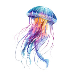 A jellyfish with a blue body and orange and pink stripes