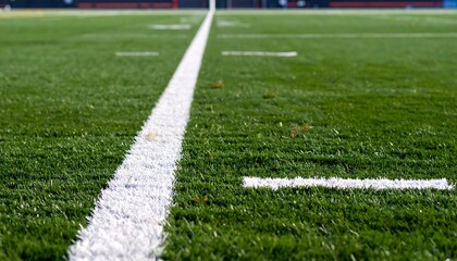 A close-up view of a green, artificial turf playing surface, highlighting yard lines and a prominent white central marking