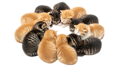 Circle of adorable kittens sleeping together with orange and tabby fur on a transparent background