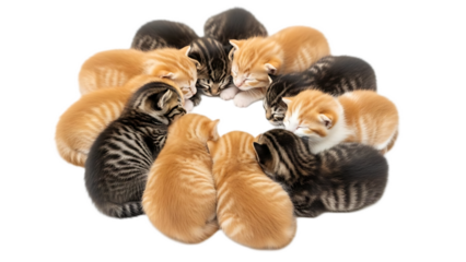 Circle of adorable kittens sleeping together with orange and tabby fur on a transparent background